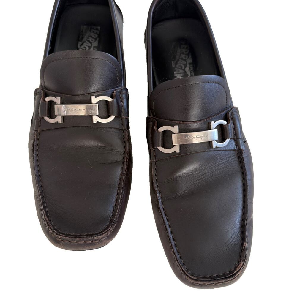SALVATORE FERRAGAMO Driver Gancini Ornament Brown Loafers Shoes US 9.5 EU $750